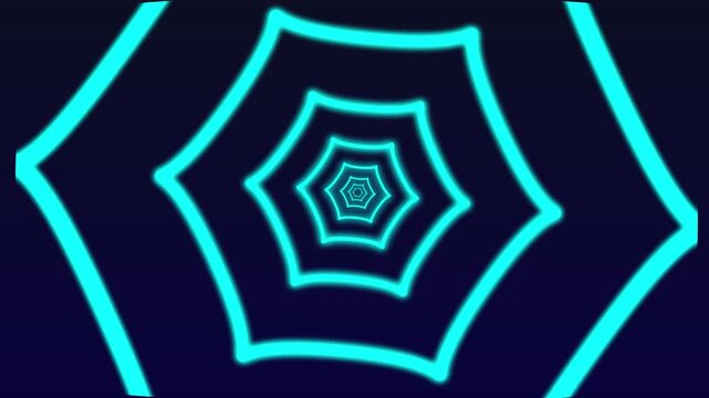 Hexagonal tunnel paths stream bright cyan neon lines through a dark portal. Cyberpunk video transition sequences get a spectacular velocity vector boost. Passageways loop.