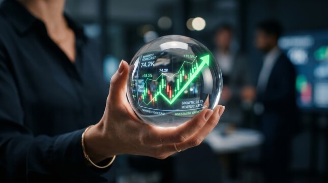 Female hand holding transparent digital sphere glowing financial chart representing business growth investment strategy market analytics trading success and futuristic corporate data technology today
