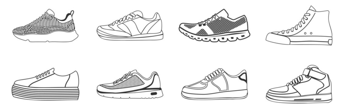 Collection of men's sneaker and casual shoe outlines with varied soles and laces on transparent background.