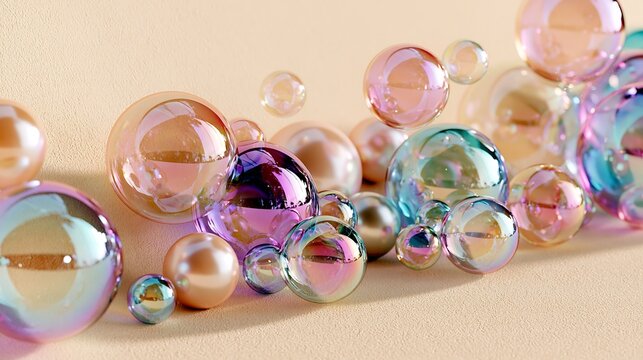 Iridescent Glass Spheres and Pearl Orbs on Warm Background Create Glow Art