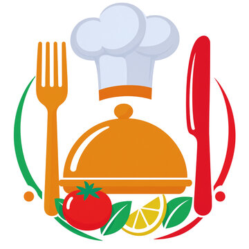 Restaurant food concept with chef hat serving platter dome cloche fork and knife illustration