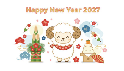 Fototapeta premium Cute Japanese New Year 2027 celebration card featuring an adorable sheep character surrounded by traditional festive ornaments.