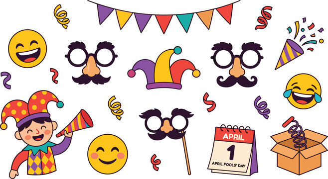 April Fools Day Icon Set with Jester Funny Glasses Prank Box Party Hat and Confetti for Celebration and Fun Designs