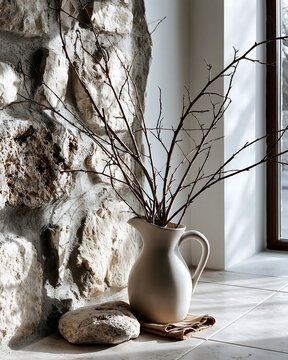 Minimalist Home Decor: Textured Wall, Ceramic Vase, and Dry Branches Light