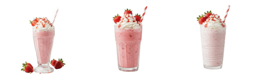 Strawberry milkshake PNG set, delicious pink smoothies with whipped cream, strawberry syrup drizzle, fresh fruit toppings and striped straws isolated on transparent background for cafe menu and desser