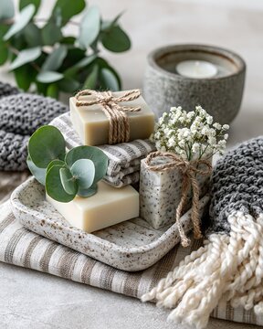 Natural Spa Setting with Handmade Soaps, Candle, and Greenery Present