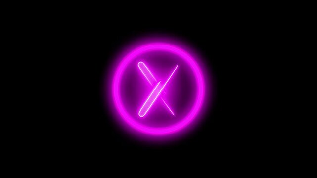 X symbol graphics confirm user exit requests inside a glowing pink neon circle. Modern customer on boarding apps incorporate this clean boundary choice. Icons blink bright.