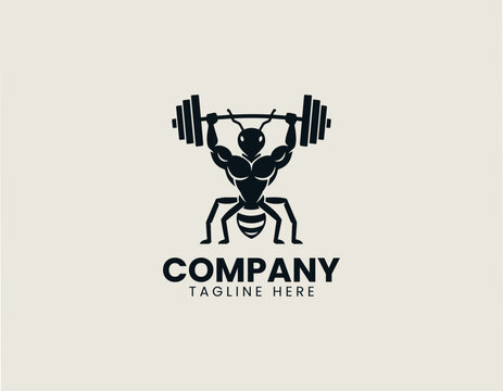 Powerful weightlifting ant holding heavy barbell black vector logo illustration