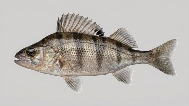 Yellow perch fish isolated on a light gray background, side view of a freshwater fish with distinctive vertical stripes
