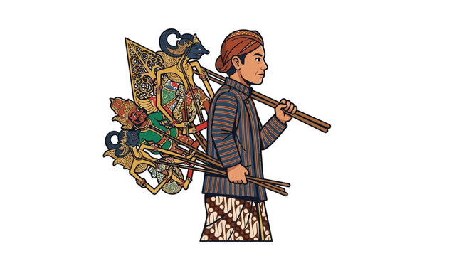 Traditional Puppeteer Carrying Shadow Puppets on Shoulder