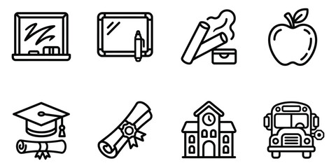 Fototapeta premium Education Outline Icon Set Minimal Line Vector Collection With School Blackboard Diploma Bus And Academic Symbols