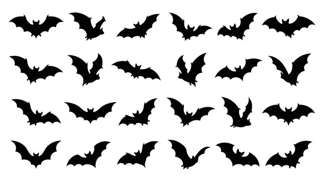 Vector illustration of flying bat silhouettes icon collection set, spooky black bat shapes isolated on white background for Halloween decoration, pattern, and graphic design