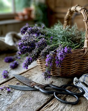 Freshly Cut Lavender in Wicker Basket with Vintage Scissors on Wood Table