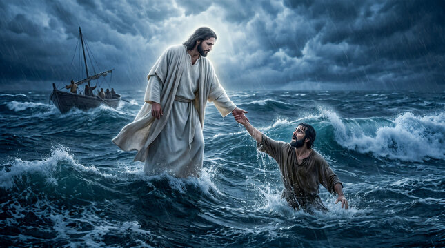 Jesus walking on the water of the Sea of Galilee during a storm, reaching out to save Peter who is sinking beneath the waves