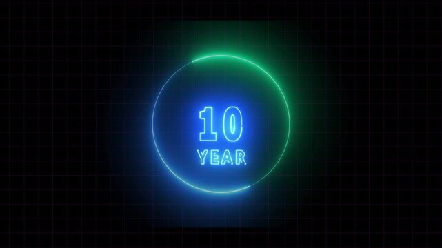 Anniversary celebration rings mark ten year milestones inside a neon circle grid. Corporate history time line videos gain huge visual authority here. Status cards spin.