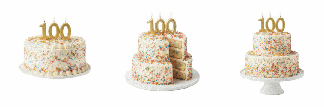 100th birthday cake PNG set, delicious funfetti celebration cakes with gold 100 number topper and colorful sprinkles isolated on transparent background for centennial anniversary party design projects