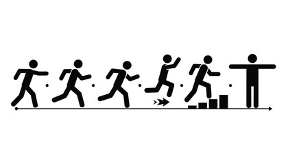 Fototapeta premium Stick figure progress infographic demonstrating steps of running, jumping, and climbing stairs to reach success and completion.