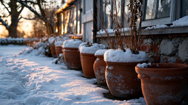 Row of Terracotta Pots Covered in White Snow with Golden Winter Sunlight