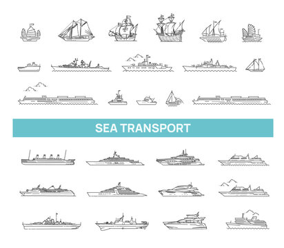 Vector line set of ships and boats. Vector collection