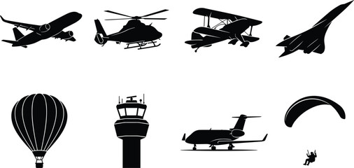 Aviation And Aircraft Vector Silhouette Icon Set Featuring Airplanes Helicopter And Control Tower © MdBelal