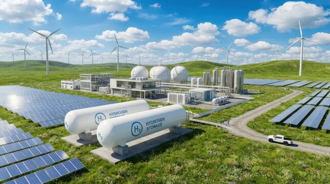 Green hydrogen production plant with wind turbines and solar panels