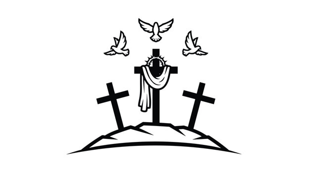 Christian illustration depicting Calvary hill with three crosses and three flying white doves, representing hope and resurrection.