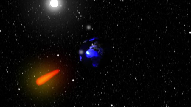 Planet Earth spheres endure a blazing comet tail stream across deep space. Apocalyptic science fiction movies acquire intense visual layout drama here. Orbs burn fast.