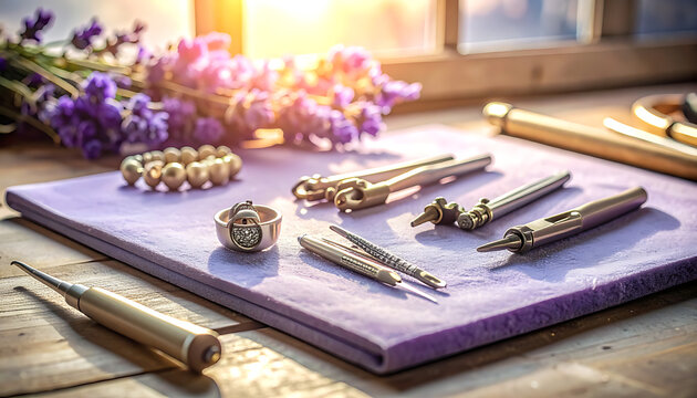 Jewelry making tools and lavender flowers.