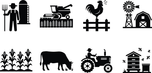 Fototapeta premium Agriculture And Farming Vector Silhouette Icon Set Featuring Farm Equipment Animals And Crops