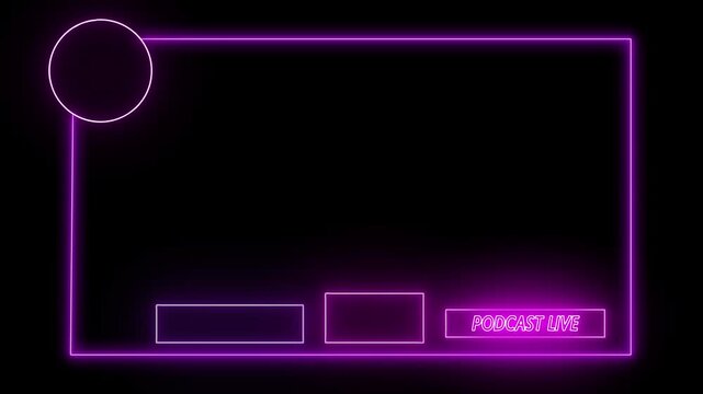 Purple neon frame lines enclose podcast live text banners over a dark canvas. Creative channel broadcast templates gain an ultra modern layout style. Borders shine.
