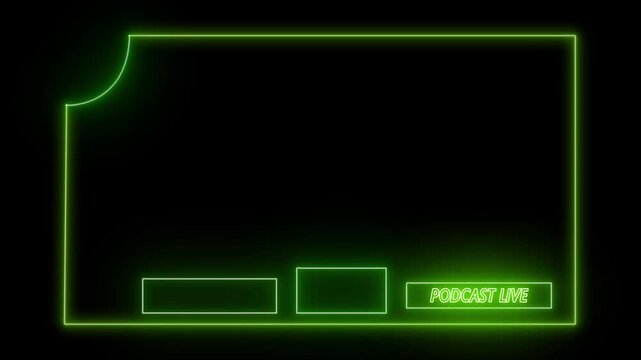 Green neon frame vectors track podcast live text announcements on dark screens. Important technical communication updates stand out inside this digital box. Borders shine.