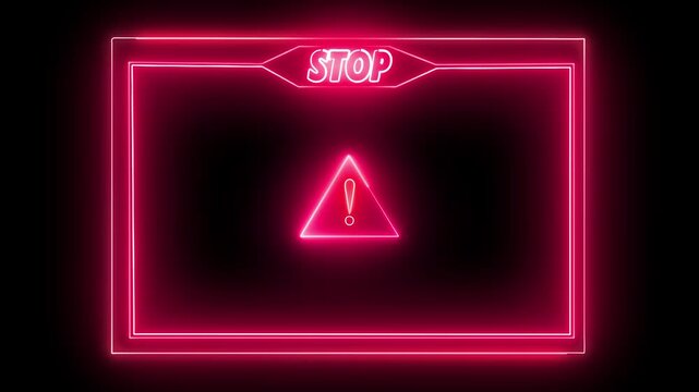 Stop alert frame lines enclose critical warning signs using pink neon text. Emergency cybersecurity blockades stand out instantly across this warning layer. Borders flash.