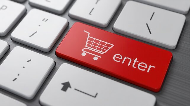 A red enter key with a shopping cart icon. E-commerce shopping concept.