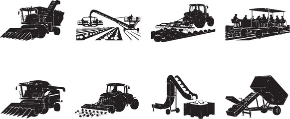 Obraz premium Set of black silhouette featuring agricultural machinery, harvesting equipment, and farm vehicles for crop production
