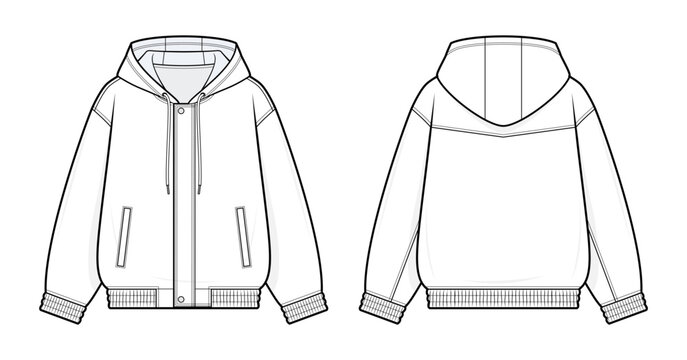 Concealed Zip Hooded Jacket Technical Fashion Illustration. Covered Placket Hoodie with Vertical Welt Pockets, Elasticized Cuffs and Rib Knit Hem Vector Template. Front and Back View. CAD Mockup Set.
