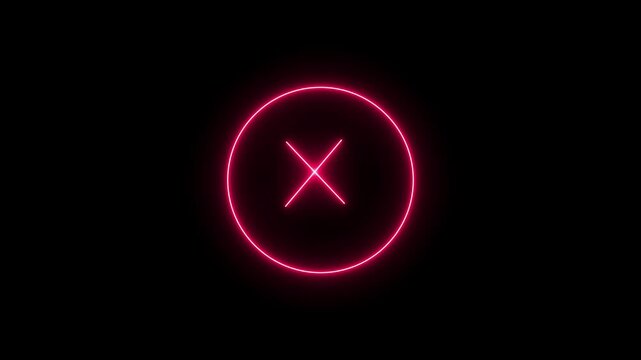X mark symbols confirm user cancel requests inside a glowing pink neon circle. Modern customer on boarding apps incorporate this clean boundary choice. Status loops turn.