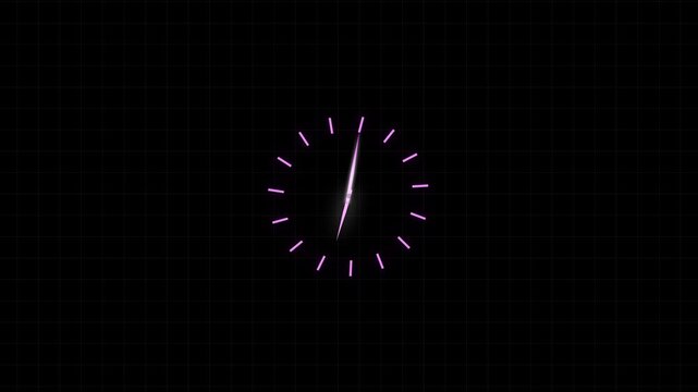 Analog clock face spokes project abstract purple neon paths across grid lines. Creative corporate scheduling videos gain a futuristic background texture. Dial hands turn.