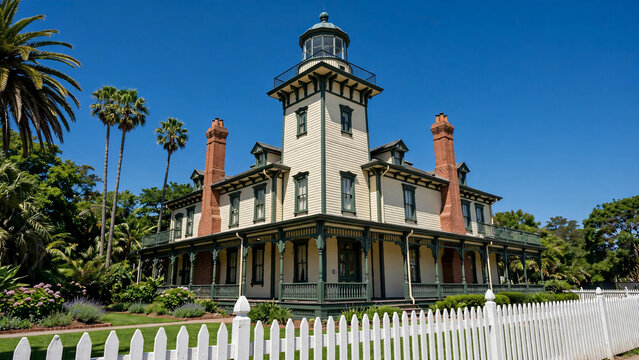 Victorian lighthouse mansion with white wooden siding, brick chimneys and palm trees, suitable for travel brochures, architectural tours and heritage ads