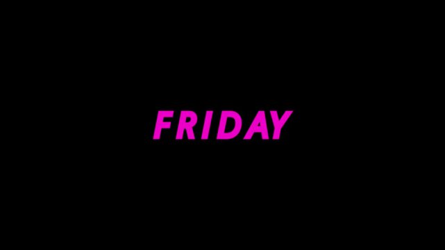 Friday text displays project three dimensional magenta typography across black. Weekend holiday advertisement videos gain a gorgeous modern template asset. Word blocks glow.