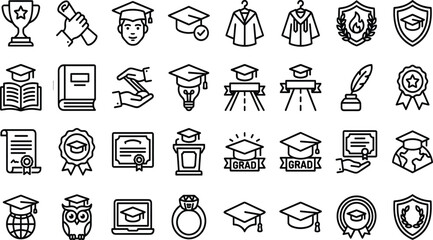 Fototapeta premium Graduation Ceremony and Academic Achievement Icon Set with Minimalist Line Art Outlines for University Apps and Higher Education Website Designs