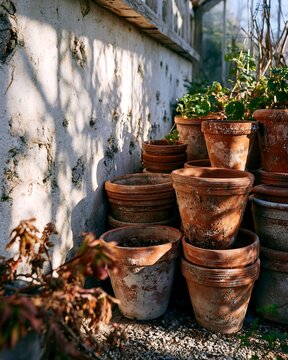 Rustic Terracotta Pots Stacked Against a Sunny Garden Wall with Shadows