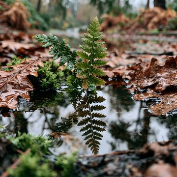 Fresh Green Fern Plant Reflect in Woodland Puddle with Autumn Leaves