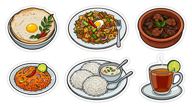 Vector sticker sheet set of traditional Sri Lankan food items including hopper, kottu roti, fish ambul thiyal, dhal curry, watalappan, and king coconut water