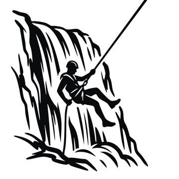 Man rappelling down a rock face near a waterfall. Outdoor adventure and extreme sports. Black and white vector illustration isolated on transparent background
