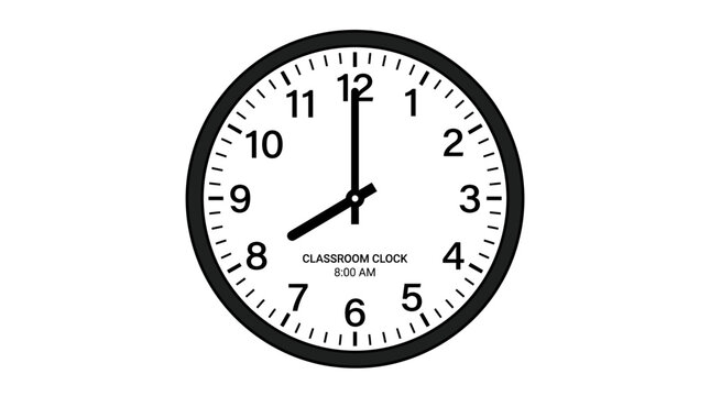 A classic analog wall clock showing the time at eight o clock.