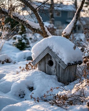 Rustic wooden birdhouse covered in fresh white snow during winter