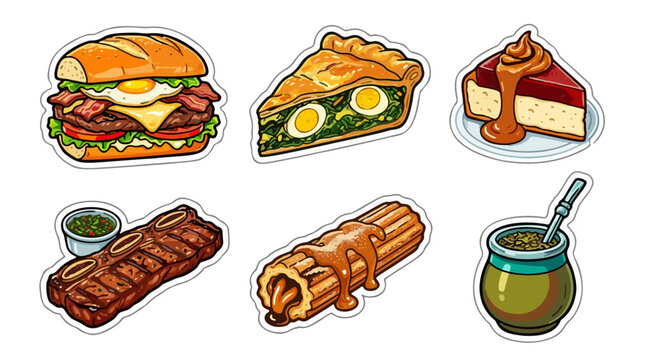 Vector sticker sheet set of traditional Uruguayan food items including chivito sandwich, asado BBQ, empanada, fain&aacute; chickpea bread, martin fierro dessert, and mate tea