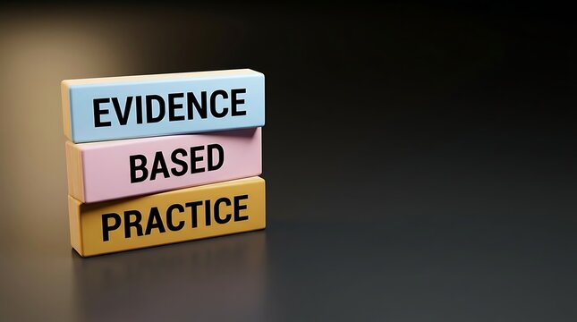 Stack of colored wooden blocks with text evidence based practice in black letters demonstrating importance of practical application and research in professional fields.