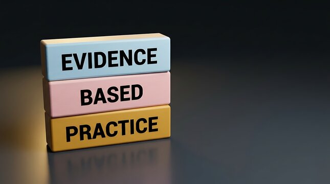 Stack of colored wooden blocks with text evidence based practice in black letters demonstrating importance of practical application and research in professional fields.