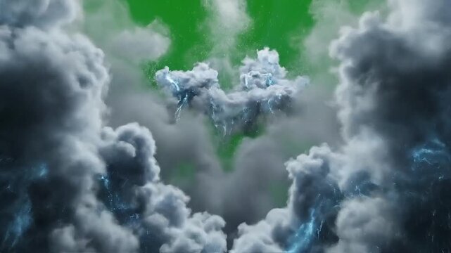 Surreal icy island floats amidst stormy clouds and green screen background